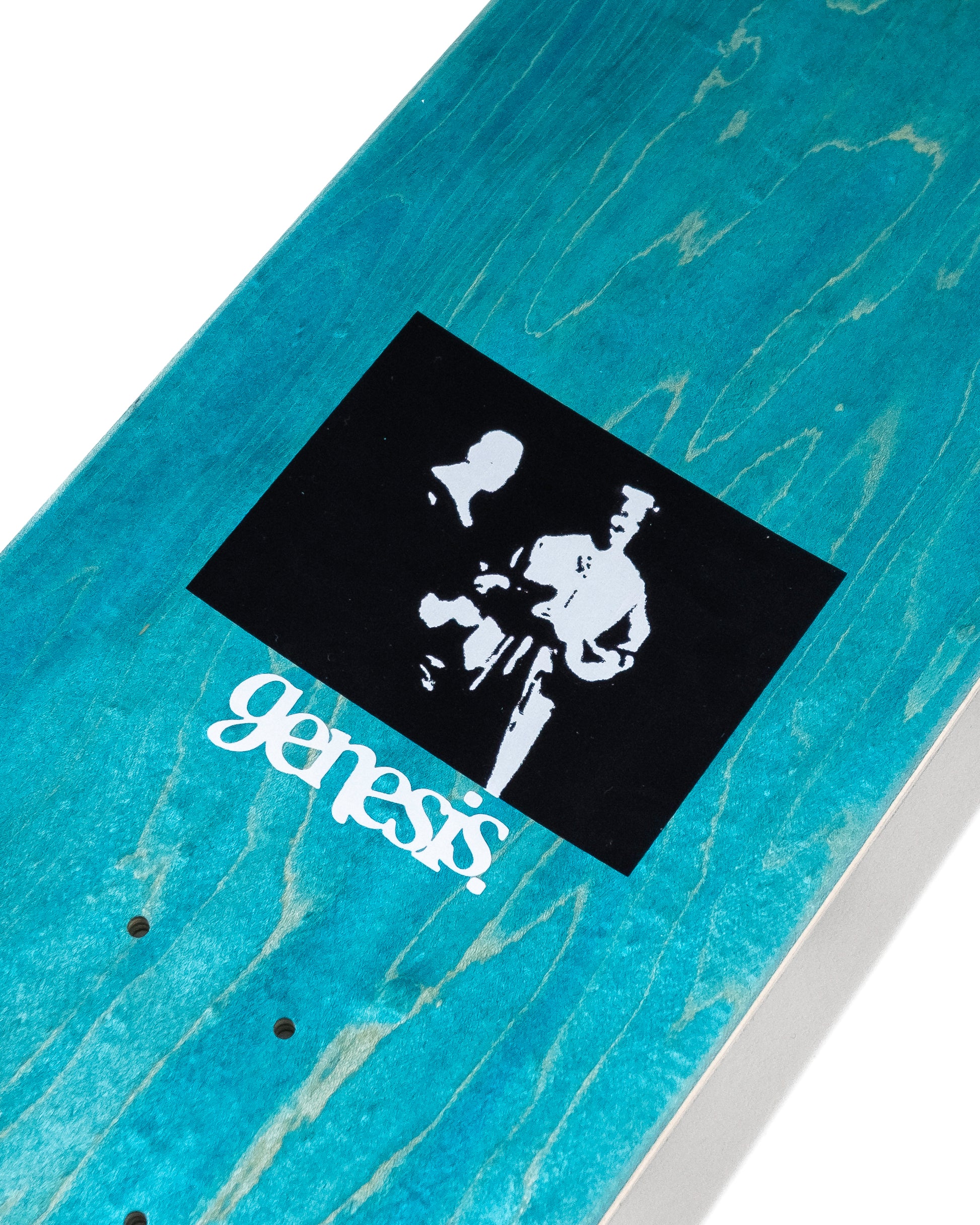 Skateboard deck with a black logo featuring a white figure and 'genesis' text on a blue marbled background.