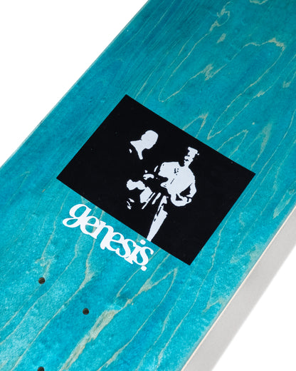 Skateboard deck with a black logo featuring a white figure and 'genesis' text on a blue marbled background.