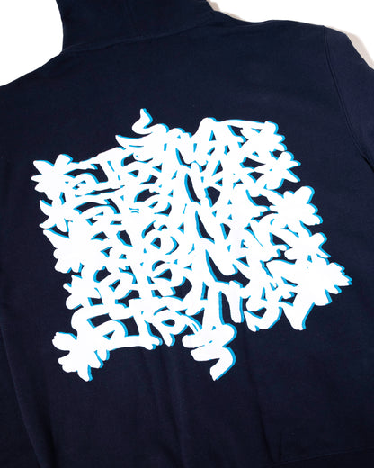 Black jacket with white floral pattern on the back