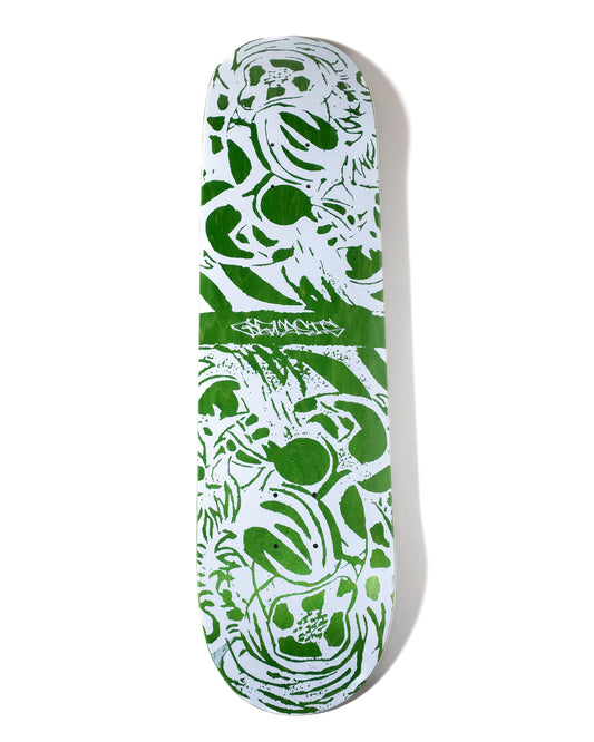 Skateboard deck with green and white pattern on a white background
