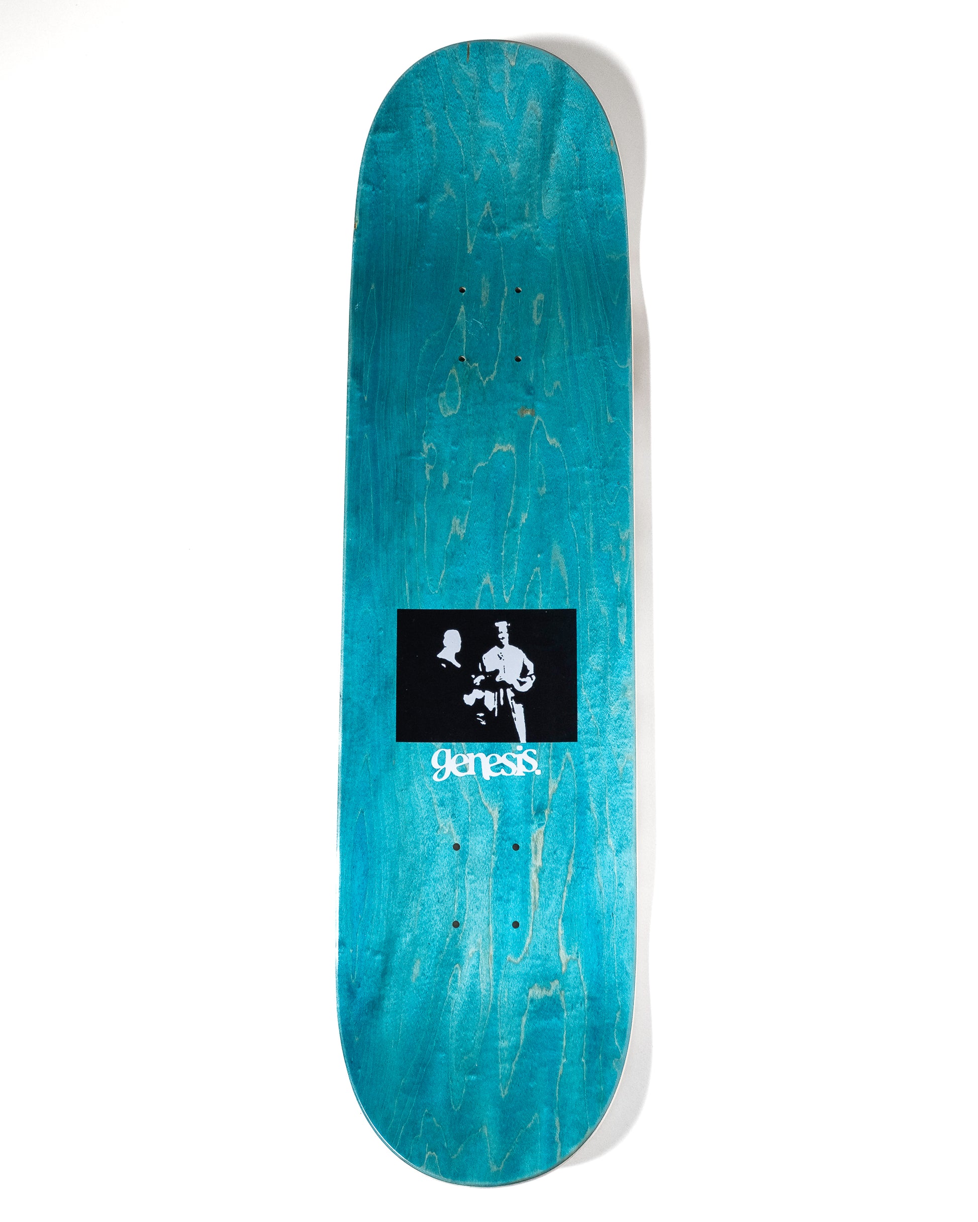 Blue skateboard deck with a black and white logo on a white background