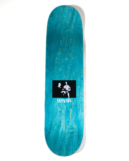 Blue skateboard deck with a black and white logo on a white background