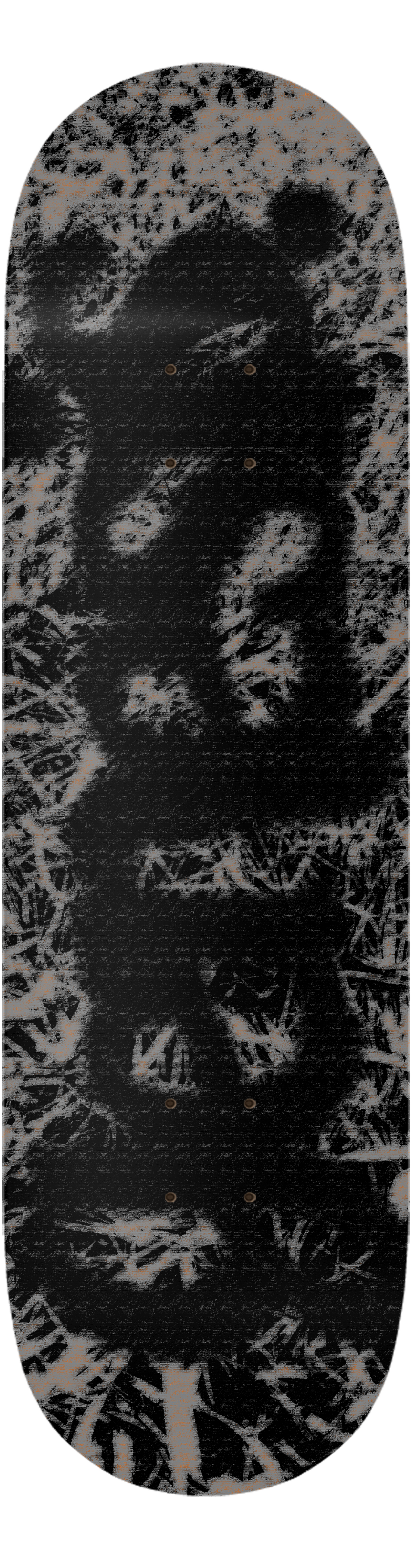 Black and white abstract patterned skateboard deck on a textured background